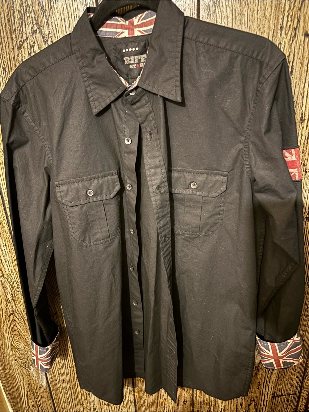 Riff Star Black Button-Up Shirt with Rolling Stone and London patch Trim Mens S